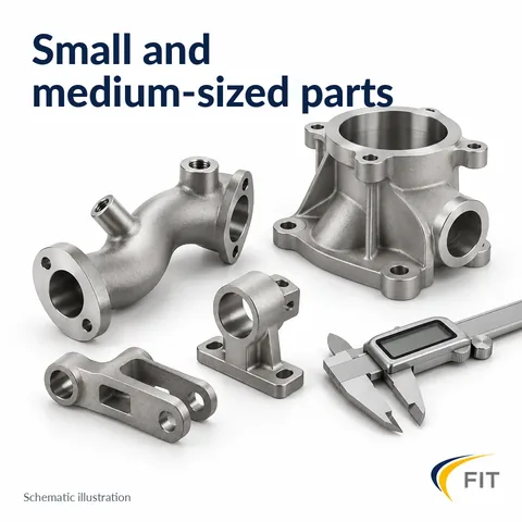 Small and medium-sized parts: typical A-MIM parts next to a caliper