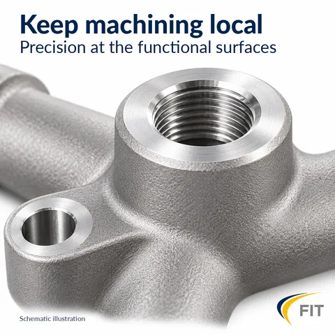 Keeping rework local: only the threaded bore and mounting eye are machined, the rest remains as-sintered surface