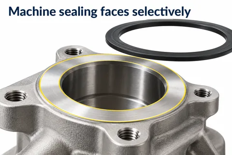 Machining sealing surfaces selectively: flat-machined sealing surface on the flange with matching sealing ring