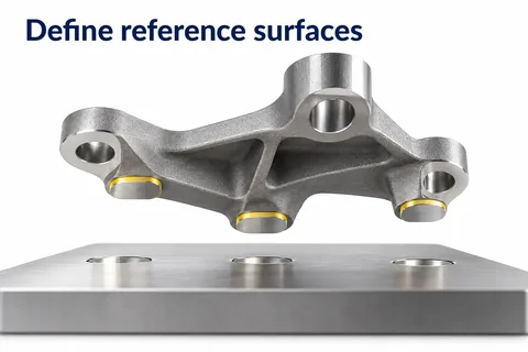 Defining datum surfaces: three machined support points align the part on a plate