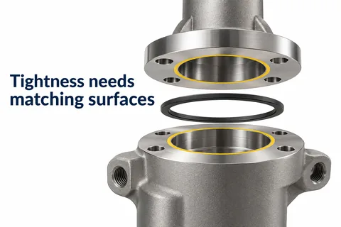 Leak tightness needs suitable surfaces: two flanges with machined sealing surfaces and sealing ring