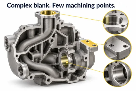 Complex blank, few machined locations: housing with the machined locations shown enlarged