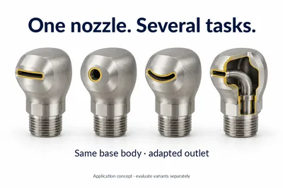 Four nozzle variants with the same base body and different outlets, one of them shown in section