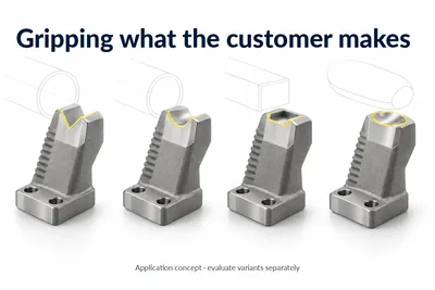 Four variants of a stainless steel gripper finger with the same base and adapted gripping contour