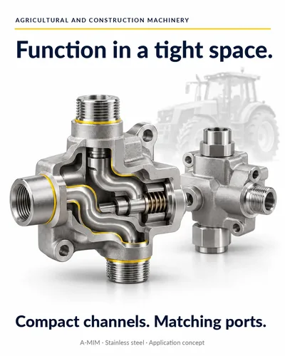 Agricultural and construction machinery: compact stainless steel valve body with internal flow paths