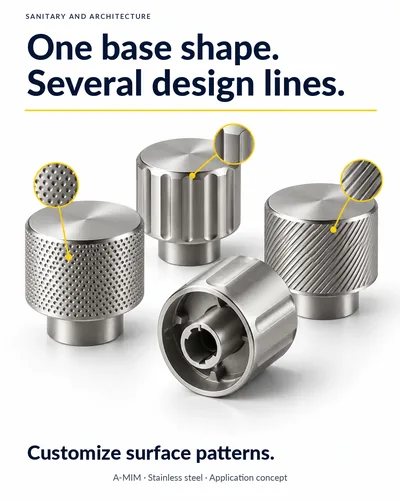 Sanitary and architecture: four stainless steel knobs with one basic shape and different surface patterns