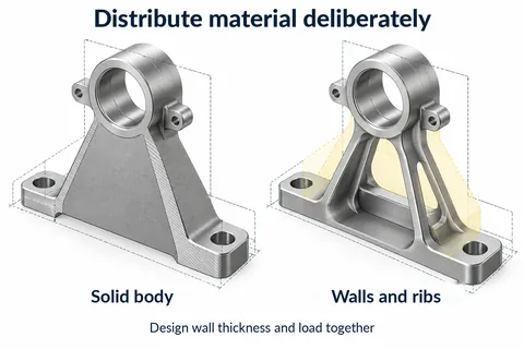Distributing material deliberately: solid body compared with a structure of walls and ribs; design wall thicknesses and loading together