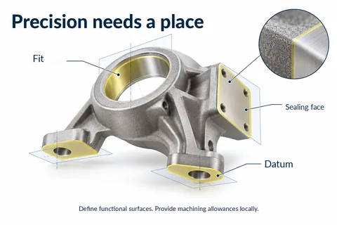 Precision needs a location: fit, sealing surface and datum are marked as functional surfaces, machining allowances provided only there