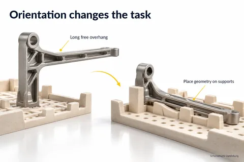 Orientation changes the task: a long free overhang is supported by deliberately placing the geometry in the setter