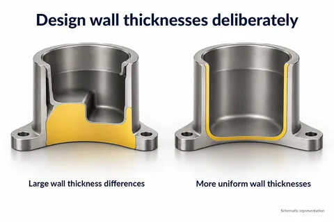 Designing wall thicknesses deliberately: section with strong wall thickness differences compared with more uniform wall thicknesses