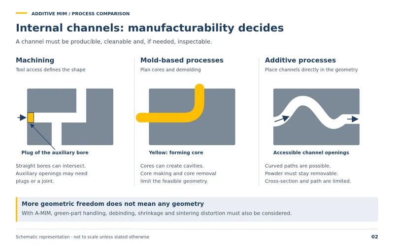 Internal channels: in machining, tool access determines the shape; mold-based processes need cores; additive processes place channels directly in the geometry. A channel must be producible, cleanable and, where required, inspectable.