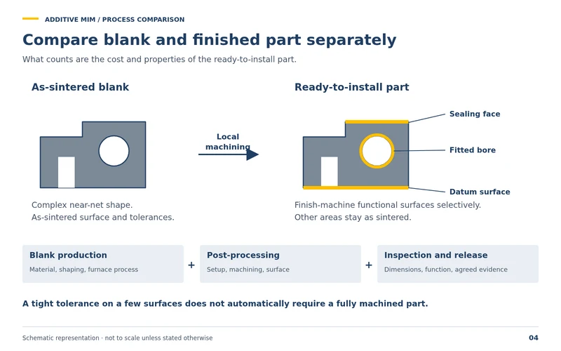 Compare blank and finished part separately: the as-sintered blank is machined locally only at the sealing surface, fitted bore and datum surface; other regions remain in the as-sintered state.