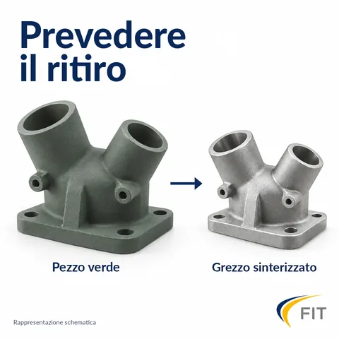 Pianificare il ritiro: il pezzo verde, più grande, si contrae nella sinterizzazione fino al grezzo sinterizzato