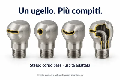 Quattro varianti di ugello con lo stesso corpo base e uscita diversa, una delle quali in sezione