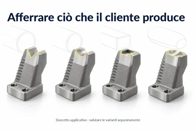 Quattro varianti di un dito di presa in acciaio inox con lo stesso piede e profilo di presa adattato