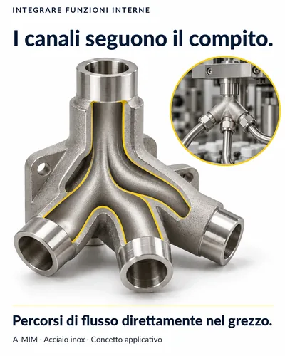 I canali seguono il compito: canali di flusso ramificati nel corpo in acciaio inox, mostrati in sezione
