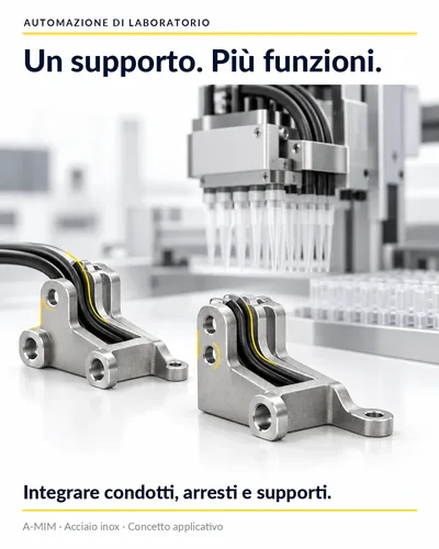 Automazione di laboratorio: un supporto con condotti, battute e alloggiamenti integrati per un modulo di pipettaggio