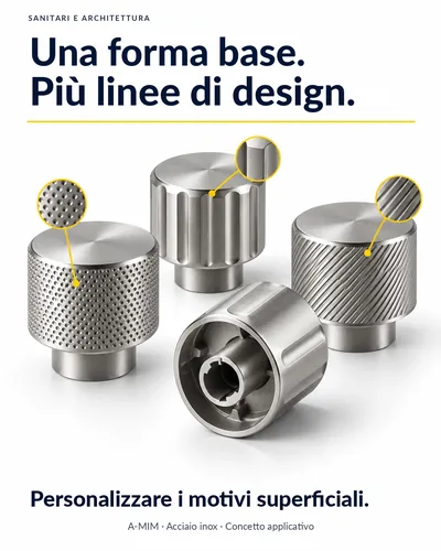 Sanitari e architettura: quattro pomelli in acciaio inox con una forma base e diversi motivi superficiali