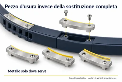 Inserti antiusura intercambiabili in acciaio inox in una guida di plastica della tecnica di trasporto