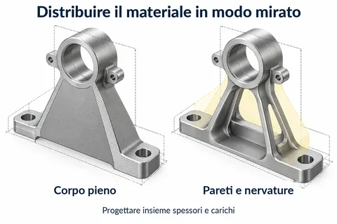 Distribuire il materiale in modo mirato: corpo massiccio a confronto con una struttura di pareti e nervature; dimensionare insieme spessori di parete e carico