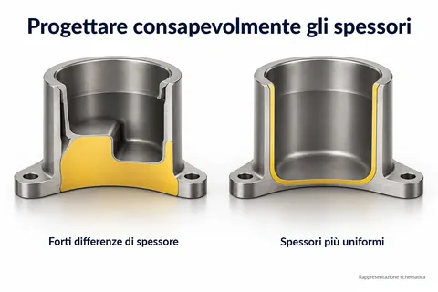 Progettare consapevolmente gli spessori di parete: sezione con forti differenze di spessore a confronto con spessori più uniformi