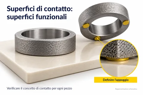 Le superfici di contatto sono superfici funzionali: componente ad anello con punti di appoggio definiti in modo mirato sul supporto di sinterizzazione