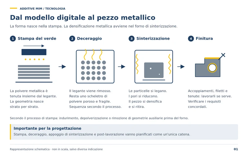 Dal modello digitale al componente metallico: stampare il pezzo verde, deceraggio (debinding), sinterizzazione, finitura. La forma nasce nella stampa, l'addensamento metallico segue nel forno di sinterizzazione.