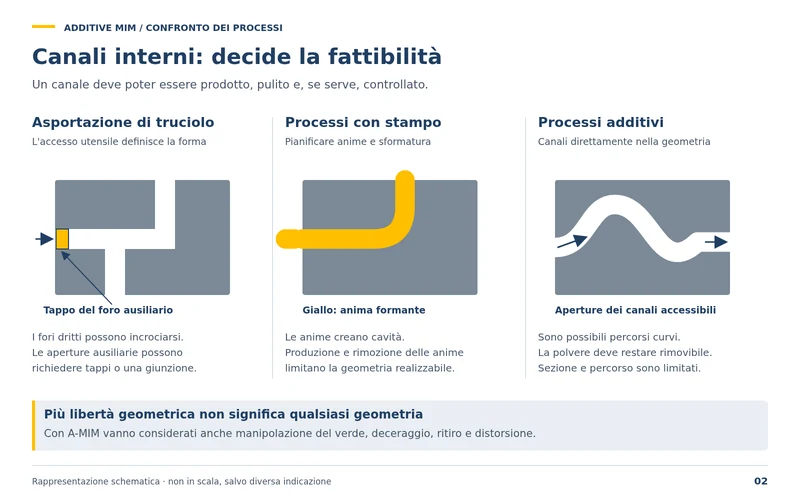 Canali interni: nella lavorazione per asportazione di truciolo l'accesso dell'utensile determina la forma, i processi legati allo stampo richiedono anime, i processi additivi inseriscono i canali direttamente nella geometria. Un canale deve poter essere realizzato, pulito e, se necessario, controllato.