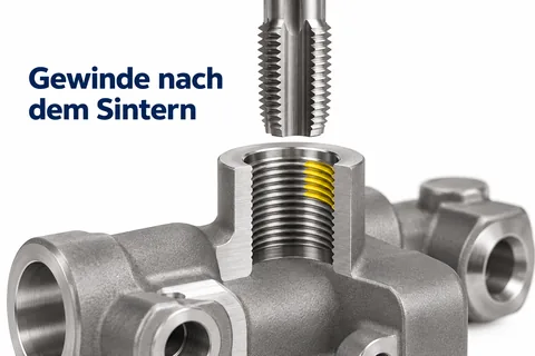 Gewinde nach dem Sintern: Ein Gewindebohrer schneidet das Gewinde in das gesinterte Bauteil