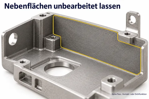 Nebenflächen unbearbeitet lassen: Halter, dessen Seitenfläche ohne Passung, Kontakt oder Dichtfunktion im Sinterzustand bleibt