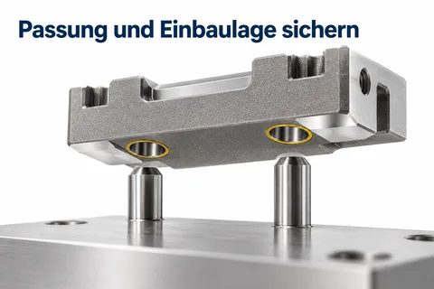 Passung und Einbaulage sichern: Bauteil mit bearbeiteten Passbohrungen auf zwei Führungsstiften