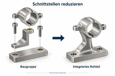 Schnittstellen reduzieren: Eine verschraubte Baugruppe aus drei Teilen wird zu einem integrierten Rohteil