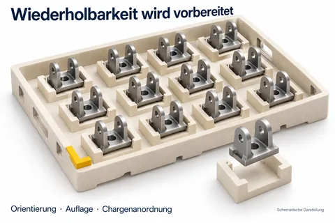 Wiederholbarkeit wird vorbereitet: viele gleiche Bauteile in definierten Setteraufnahmen, Orientierung, Auflage und Chargenanordnung
