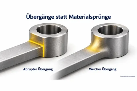 Übergänge statt Materialsprünge: abrupter Übergang zwischen Steg und Auge im Vergleich zu einem weichen Übergang