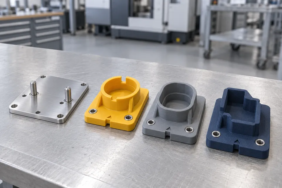 Metallene Grundplatte mit Indexbolzen und drei gedruckte Wechselaufnahmen für verschiedene Varianten